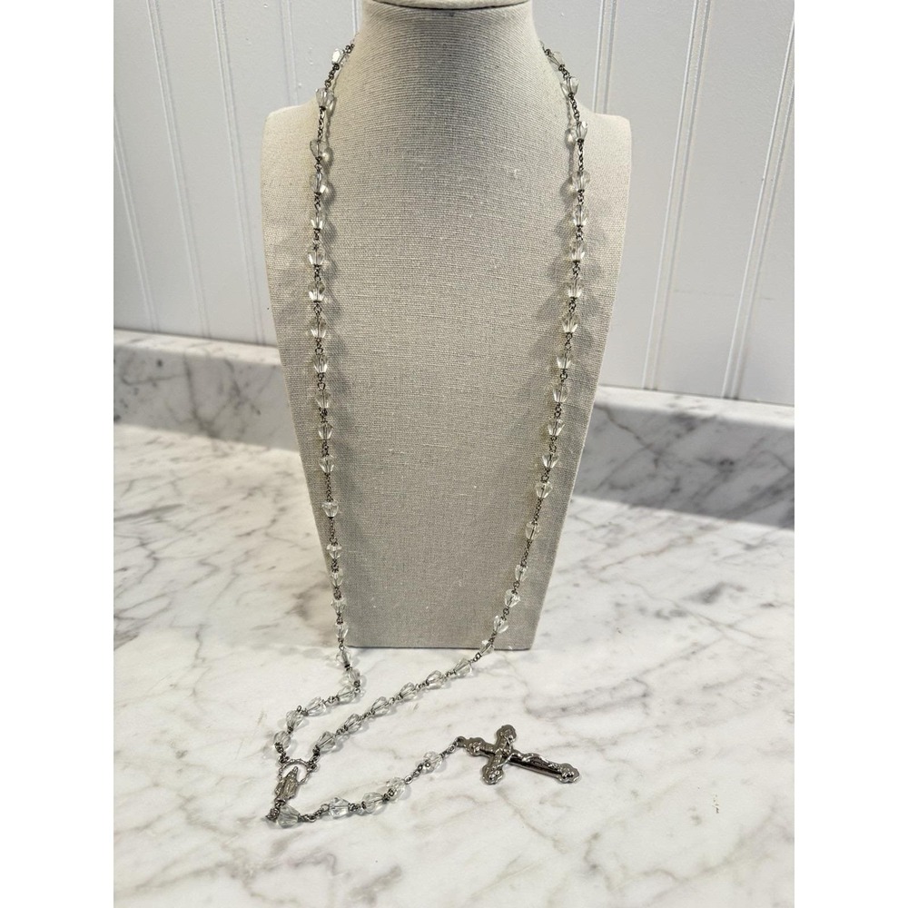 Vintage Catholic Clear Faceted Glass Bead Rosary Silver Tone Cross 23.5" long - Picture 2 of 5